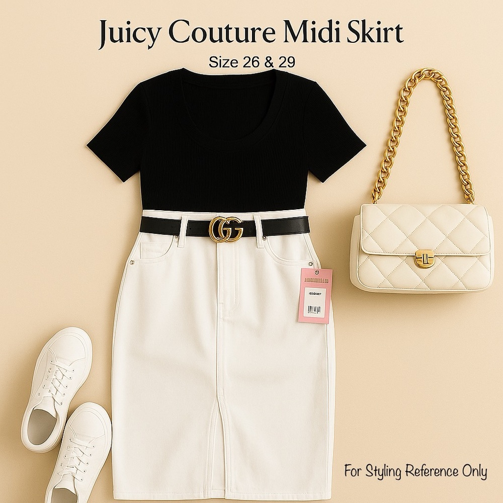 Juicy Couture White Denim Midi Skirt – Size 26 & 28 | NWT